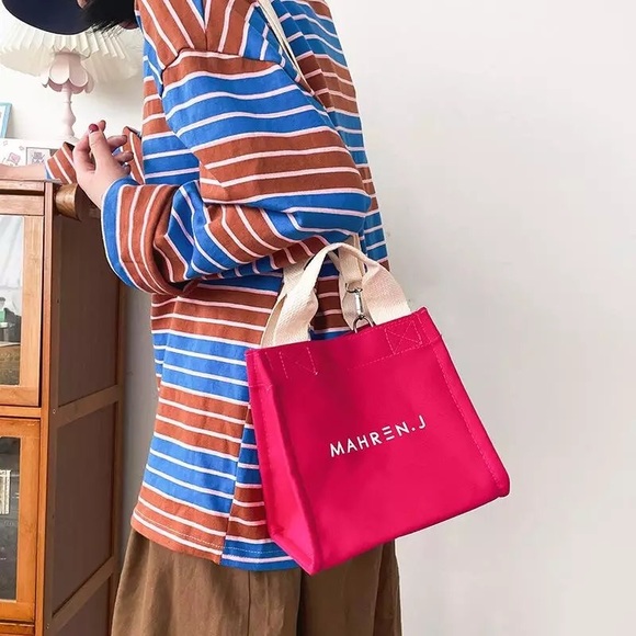 Canvas bag crossbody shoulder handbag pink fuchsia small square bags - Picture 4 of 4